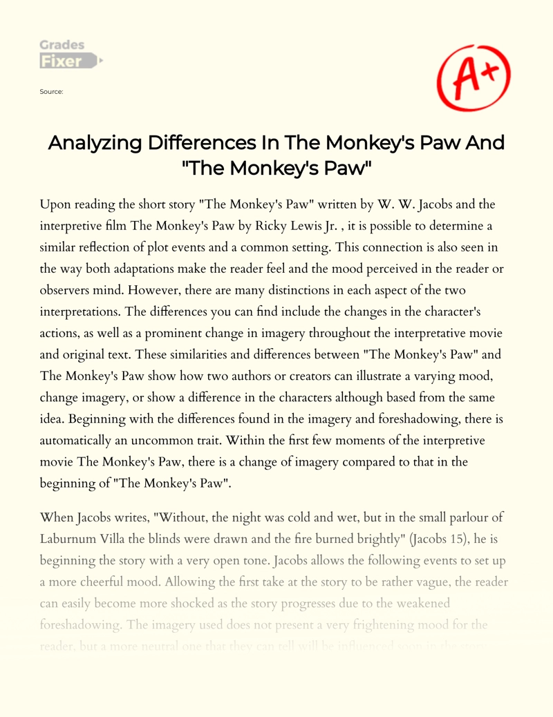 "The Monkey's Paw": Short Story Vs Movie Analysis Essay