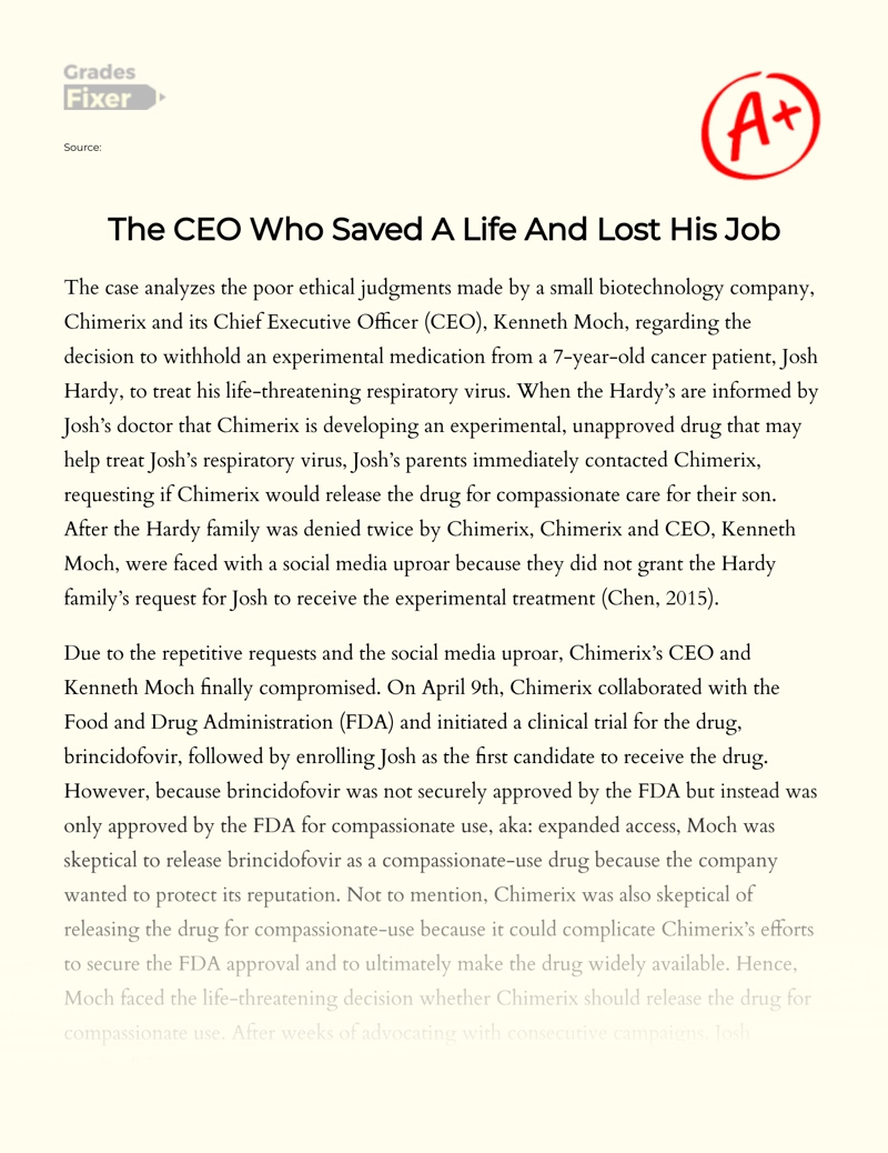 The CEO Who Saved a Life and Lost His Job Essay