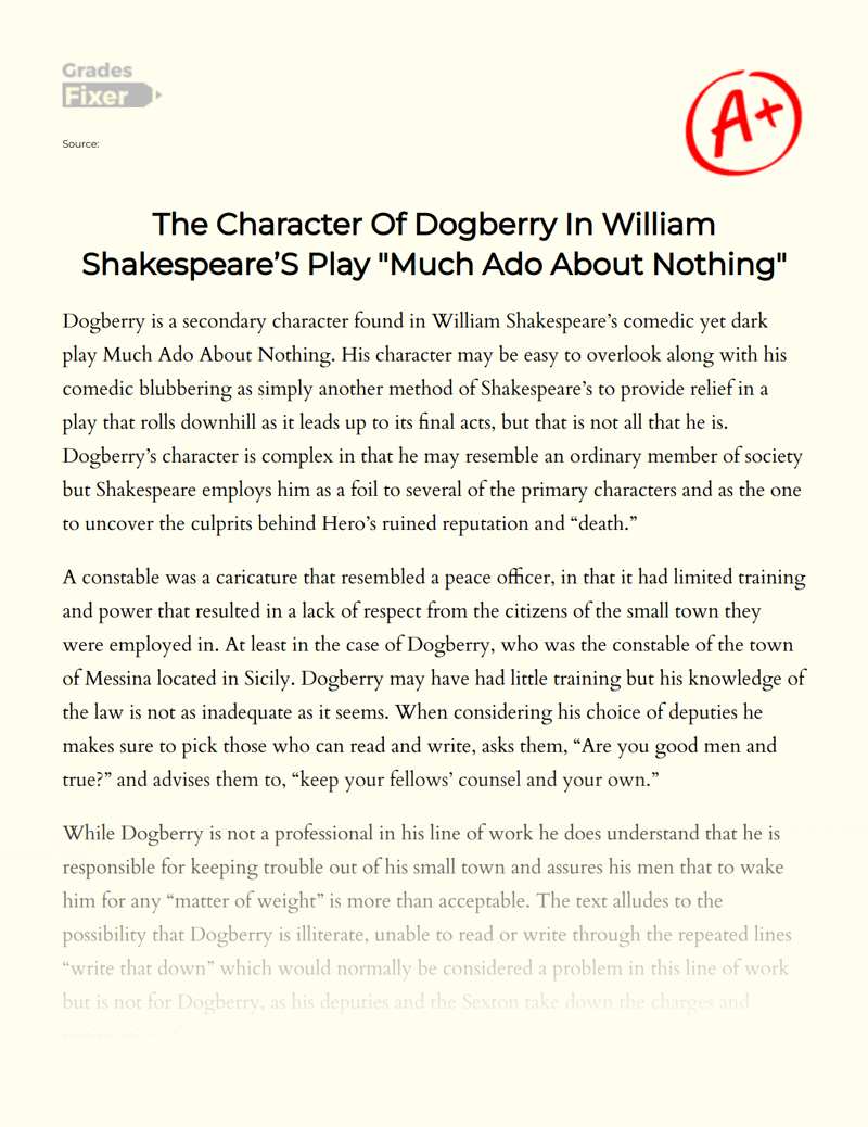 The Character of Dogberry in William Shakespeare’s Play "Much Ado About Nothing" Essay