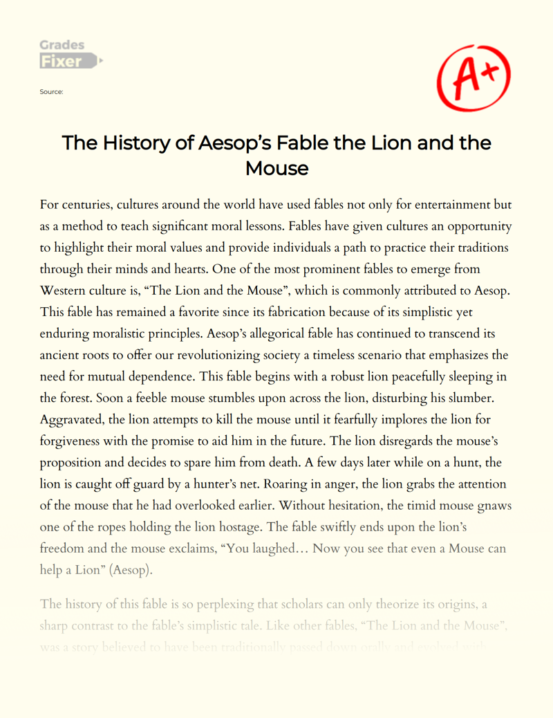 The History of Aesop’s Fable The Lion and The Mouse Essay