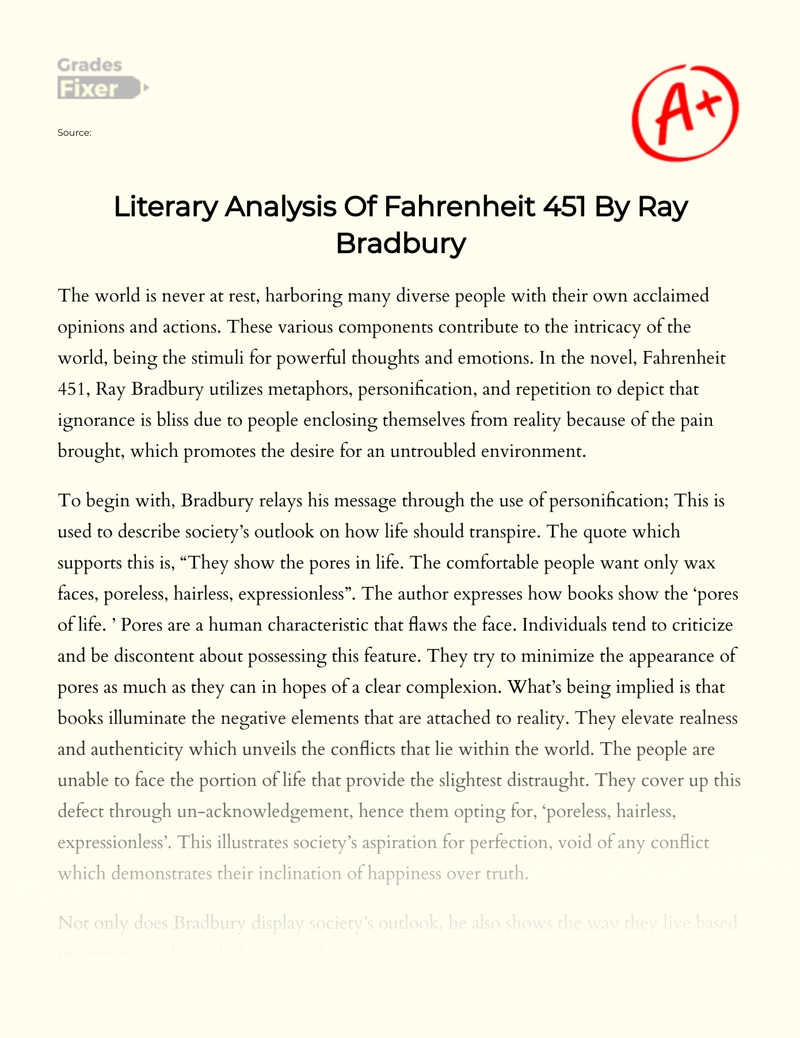Ray Bradbury's Fahrenheit 451 Literary Analysis Essay