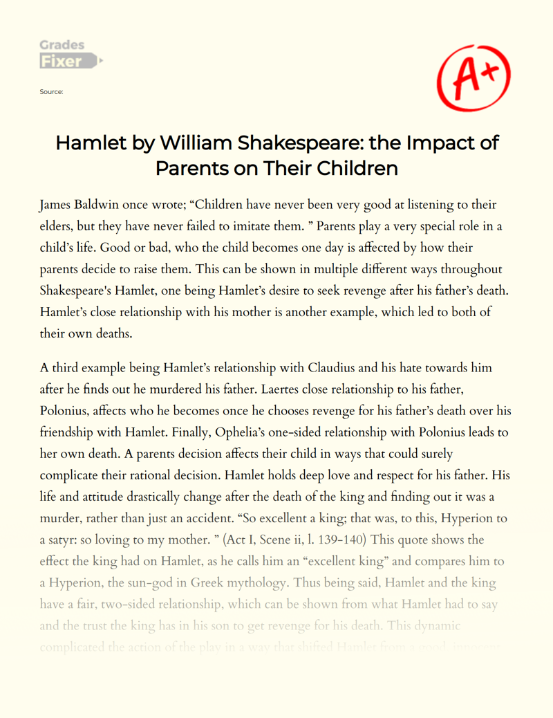 Hamlet by William Shakespeare: The Impact of Parents on Their Children Essay