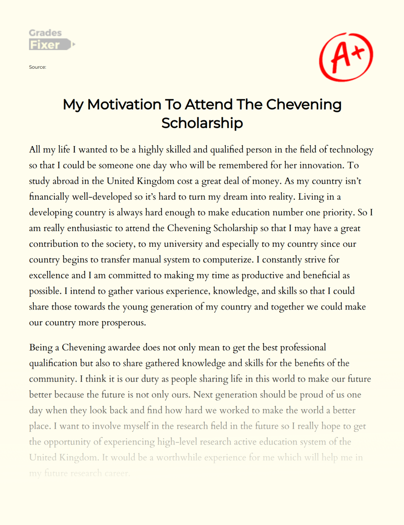 My Motivation to Attend The Chevening Scholarship Essay