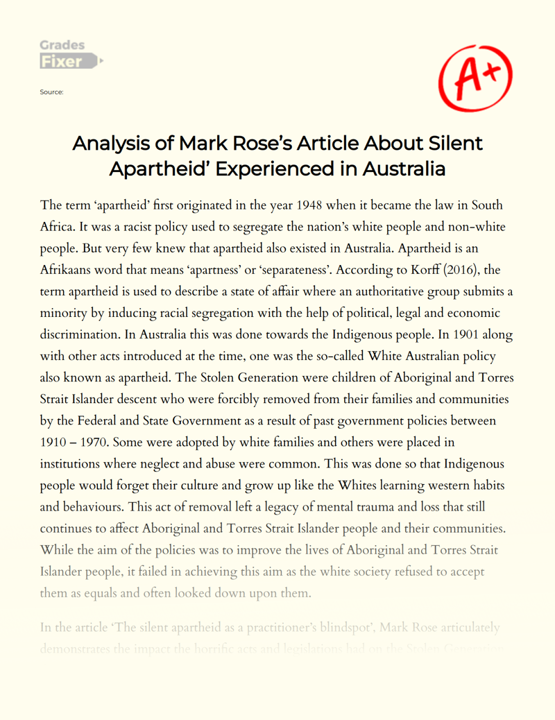 Analysis of Mark Rose’s Article About Silent Apartheid’ Experienced in Australia Essay
