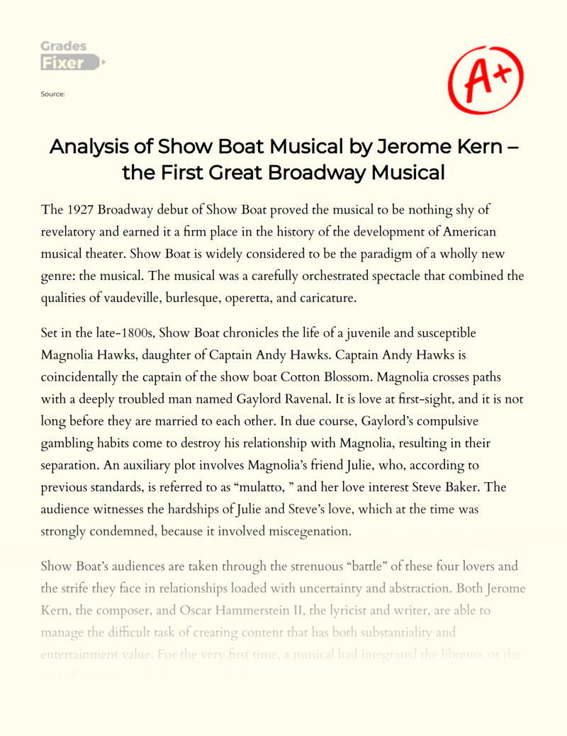 Analysis of Show Boat Musical by Jerome Kern – The First Great Broadway Musical Essay