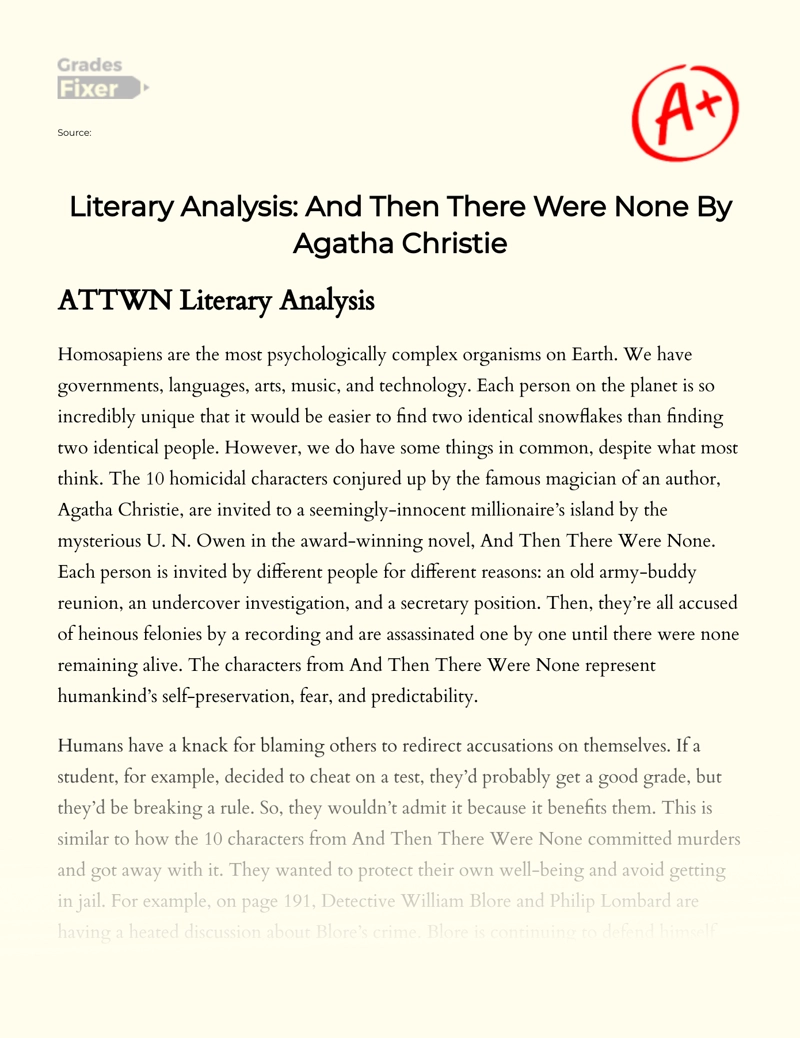 Literary Analysis: and then There Were None by Agatha Christie Essay