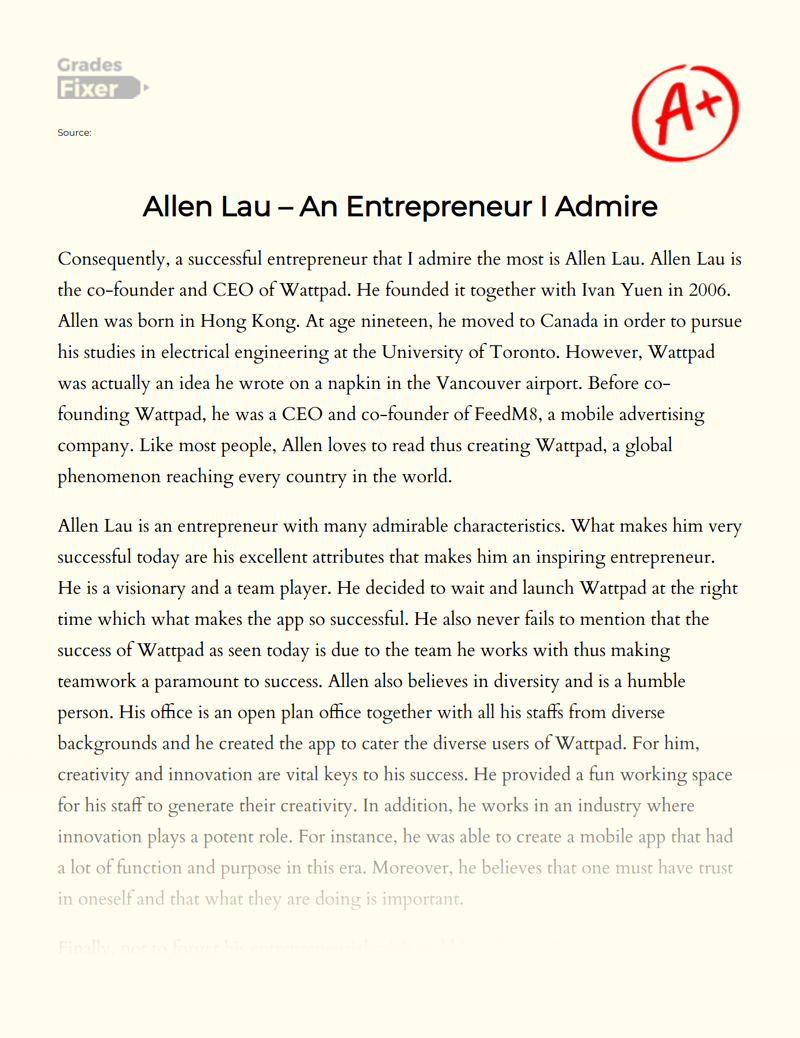 Allen Lau – an Entrepreneur I Admire Essay