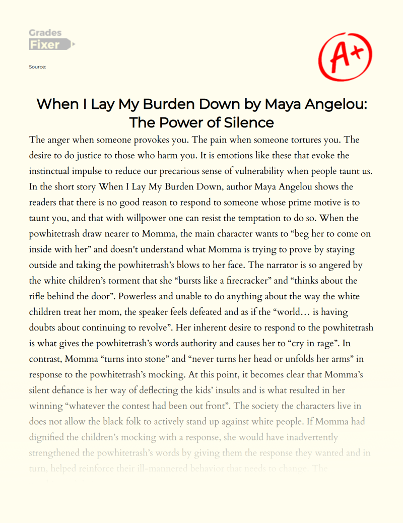 When I Lay My Burden Down by Maya Angelou: The Power of Silence Essay
