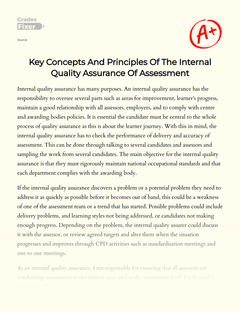 Key Concepts and Principles of The Internal Quality Assurance of Assessment Essay