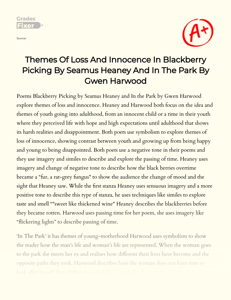 Themes of Loss and Innocence in Blackberry Picking by Seamus Heaney and in The Park by Gwen Harwood Essay