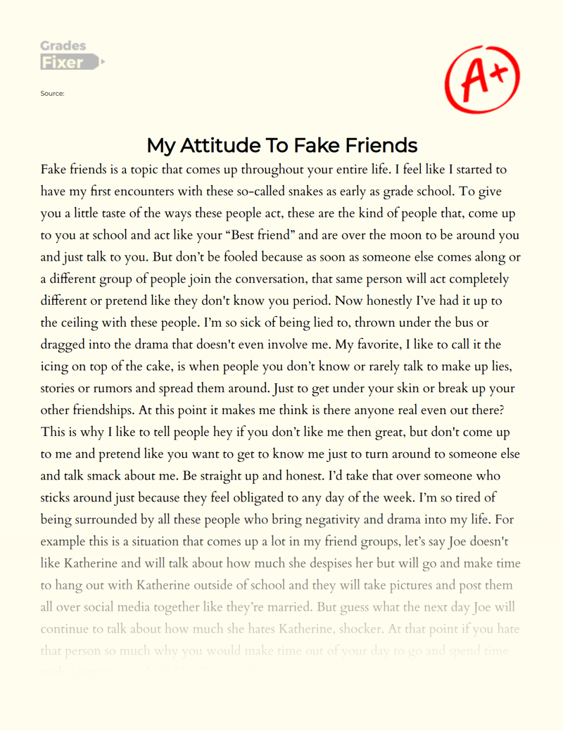 Fake Friends Experience and My Attitude to It Essay