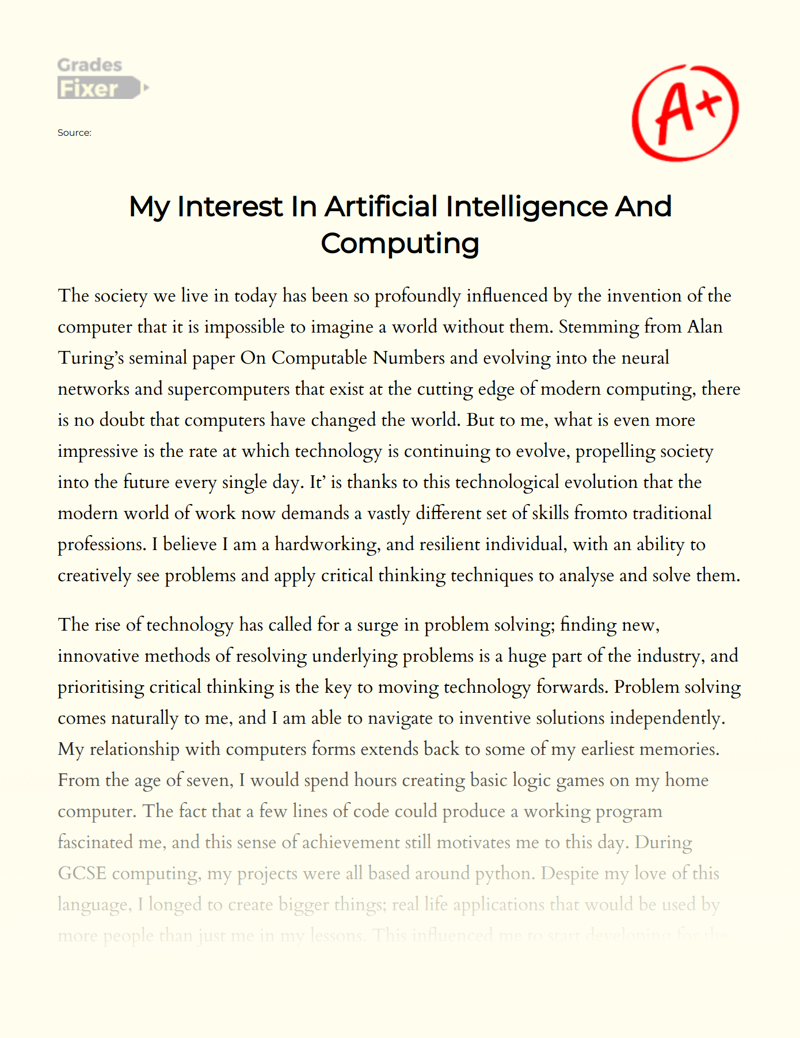 My Interest in Artificial Intelligence and Computing Essay