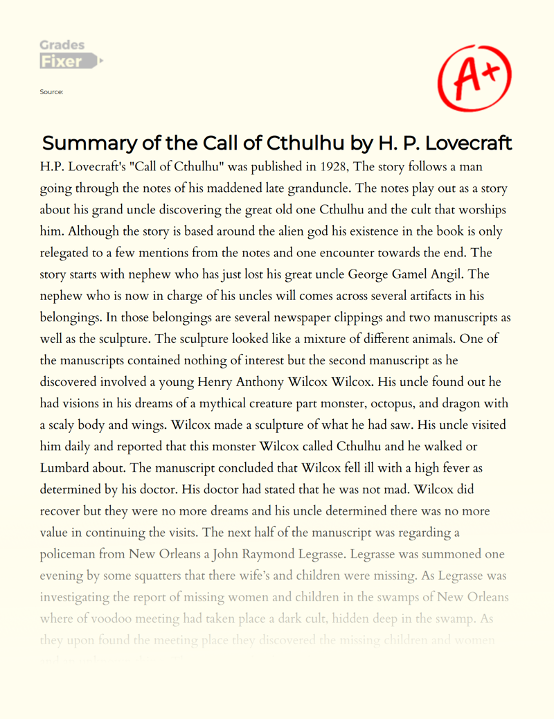 Summary of The Call of Cthulhu by H. P. Lovecraft Essay