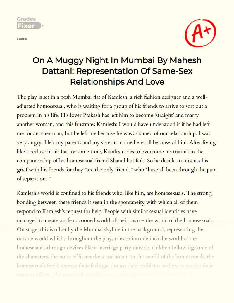 On a Muggy Night in Mumbai by Mahesh Dattani: Representation of Same-sex Relationships and Love Essay