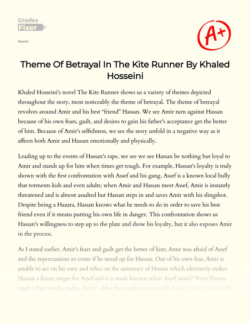 Theme of Betrayal in "The Kite Runner" by Khaled Hosseini Essay