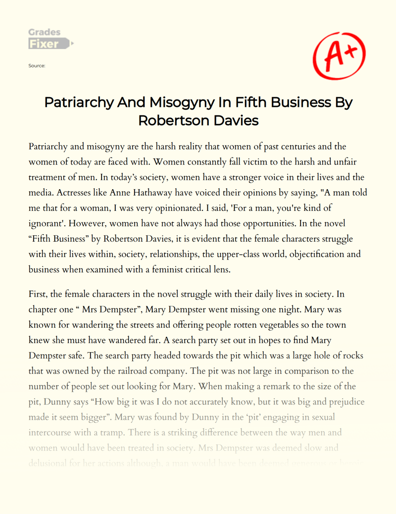 Patriarchy and Misogyny in Fifth Business by Robertson Davies Essay