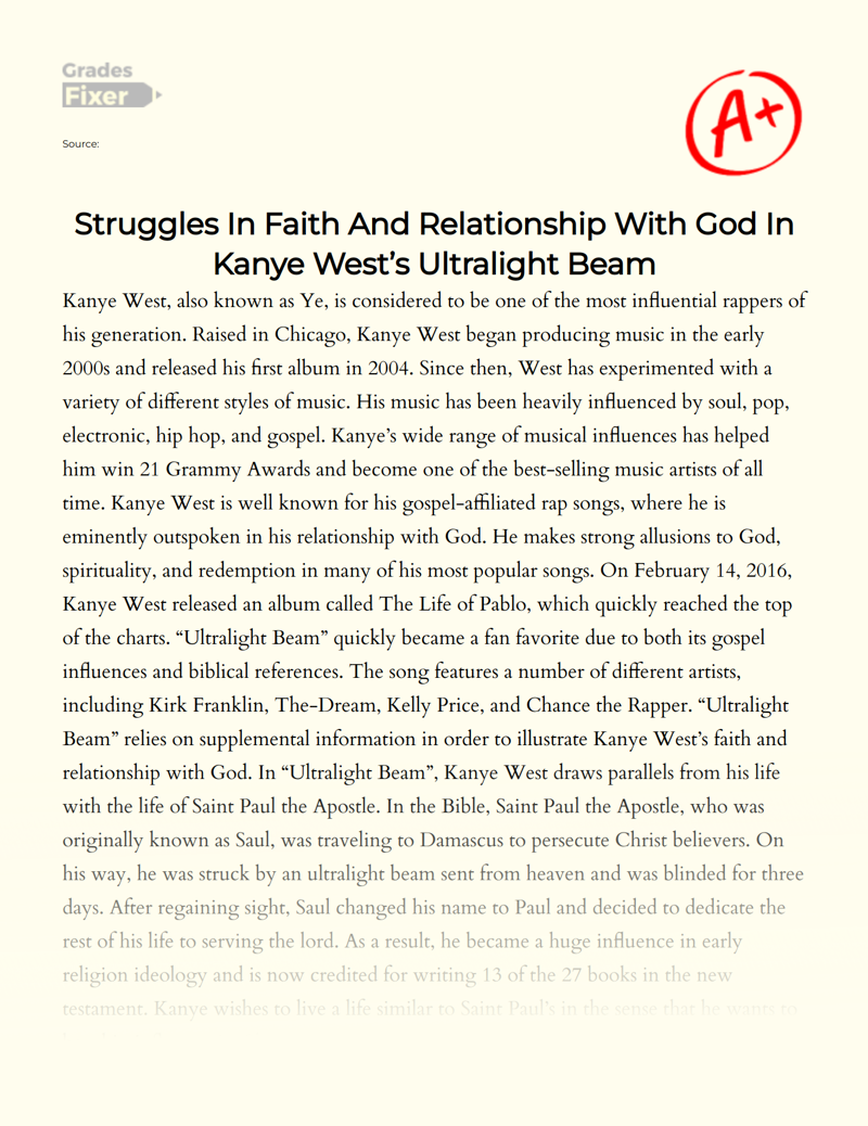 Struggles in Faith and Relationship with God in Kanye West’s Ultralight Beam  Essay