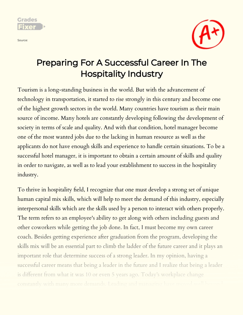 Preparing for a Successful Career in Hospitality: Career Goals Essay