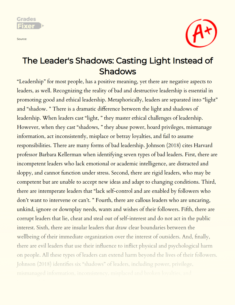 The Leader's Shadows: Casting Light Instead of Shadows Essay