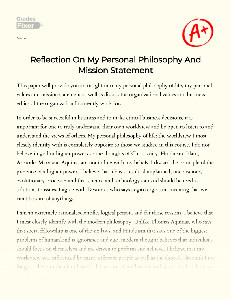 Reflection on My Personal Philosophy and Mission Statement Essay
