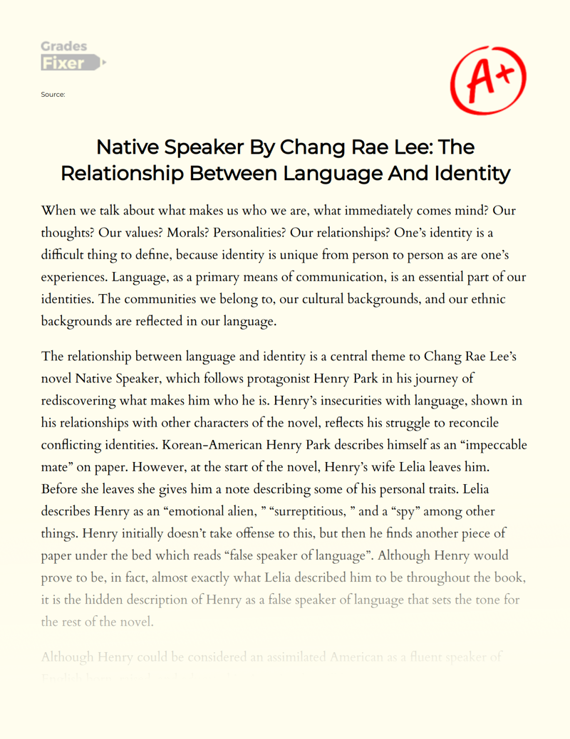 Native Speaker by Chang Rae Lee: The Relationship Between Language and Identity Essay