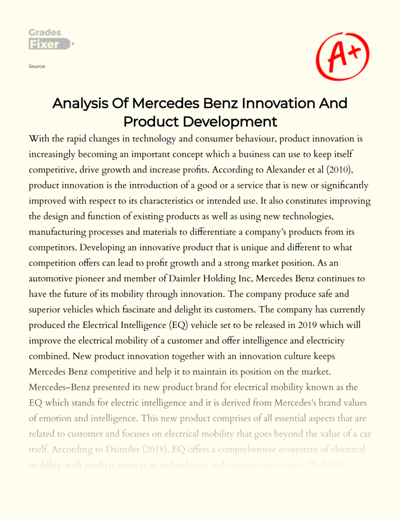 Analysis of Mercedes Benz Innovation and Product Development Essay