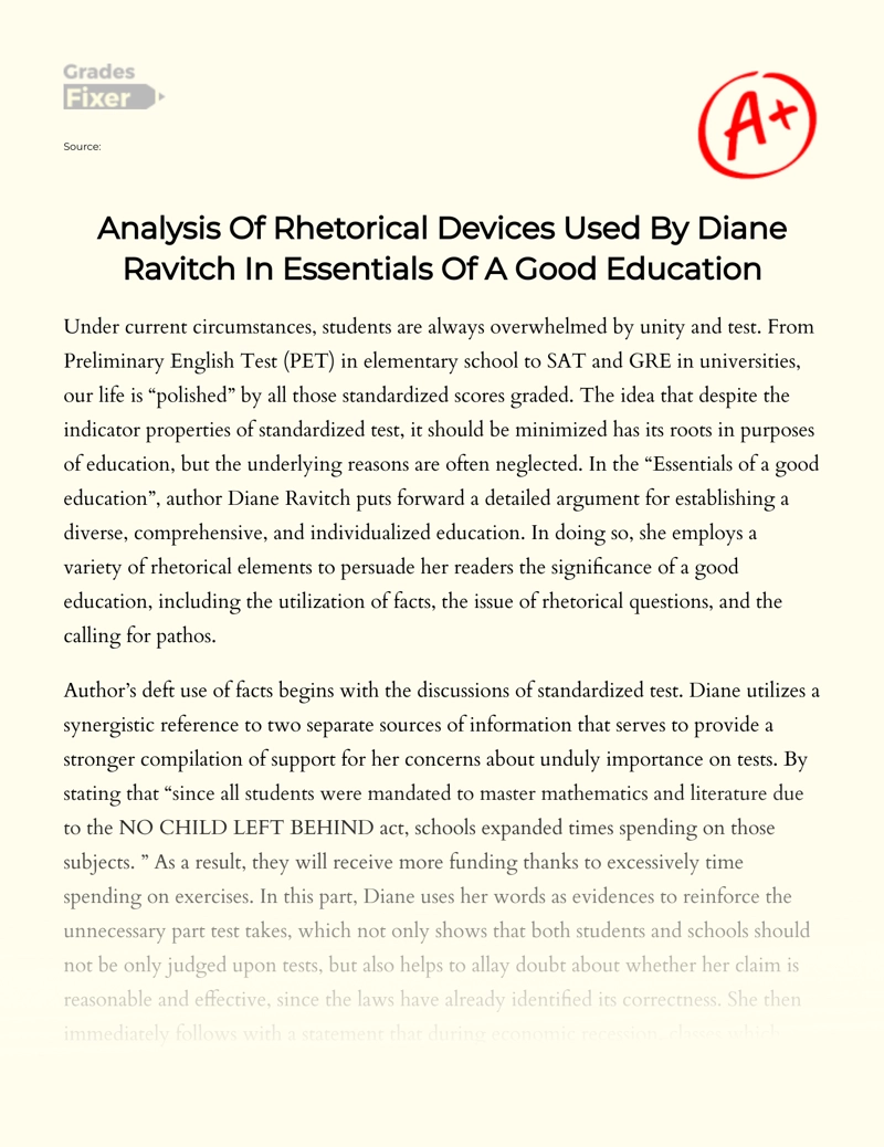 Analysis of Rhetorical Devices Used by Diane Ravitch in Essentials of a Good Education Essay