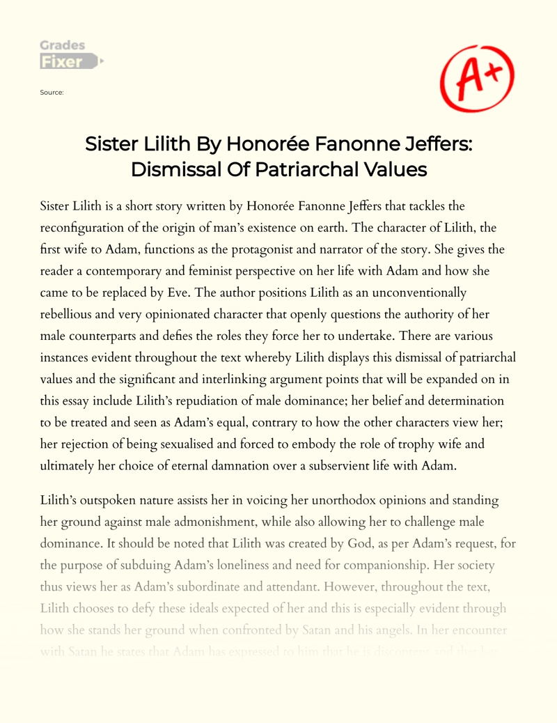 Sister Lilith by Honorée Fanonne Jeffers: Dismissal of Patriarchal Values Essay