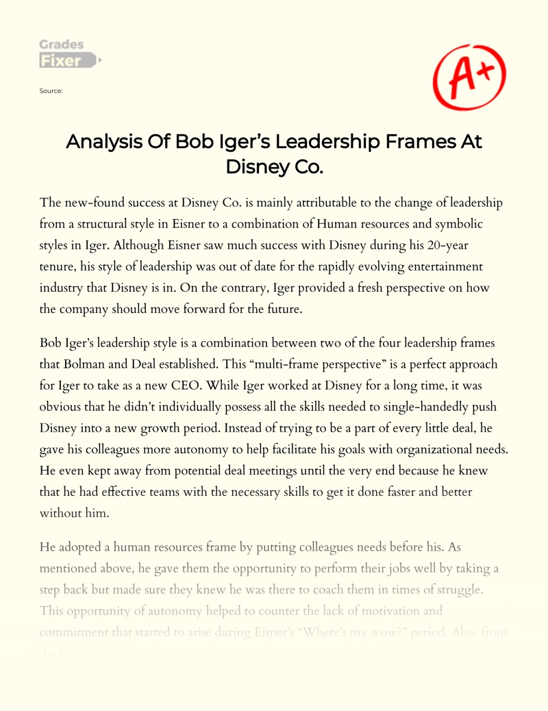 Analysis of Bob Iger’s Leadership Frames at Disney essay