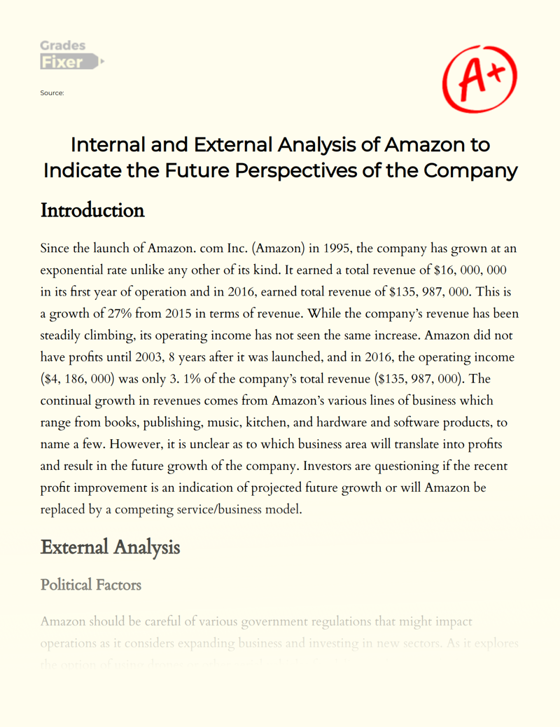 Internal and External Analysis of Amazon to Indicate The Future Perspectives of The Company Essay
