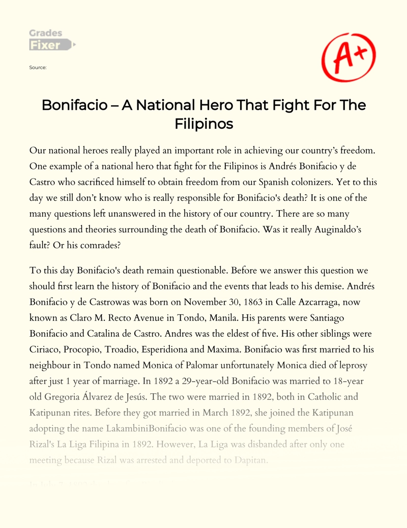 Bonifacio – a National Hero that Fight for The Filipinos essay