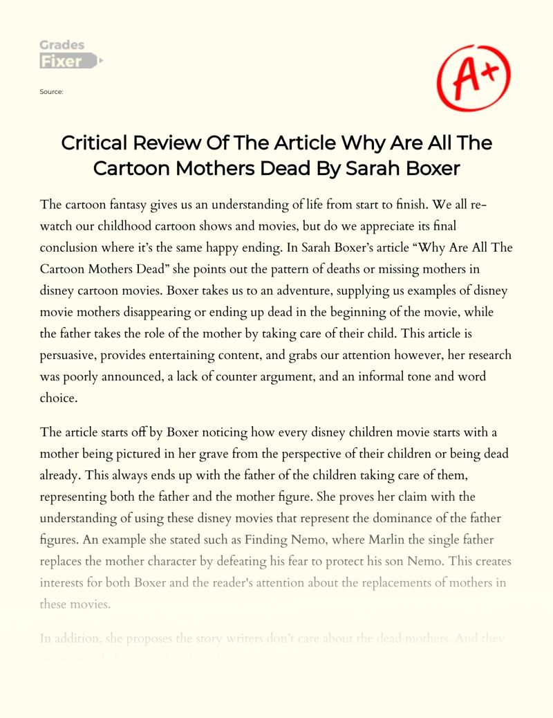 Critical Review of The Article Why Are All The Cartoon Mothers Dead by Sarah Boxer essay