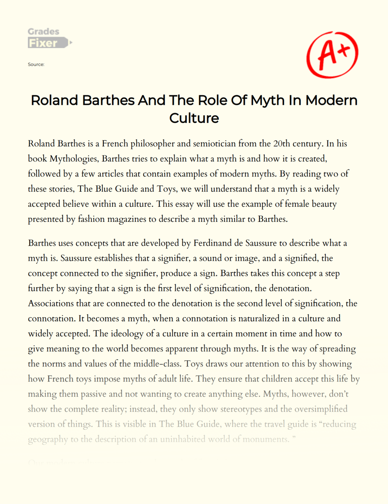 Roland Barthes and The Role of Myth in Modern Culture Essay
