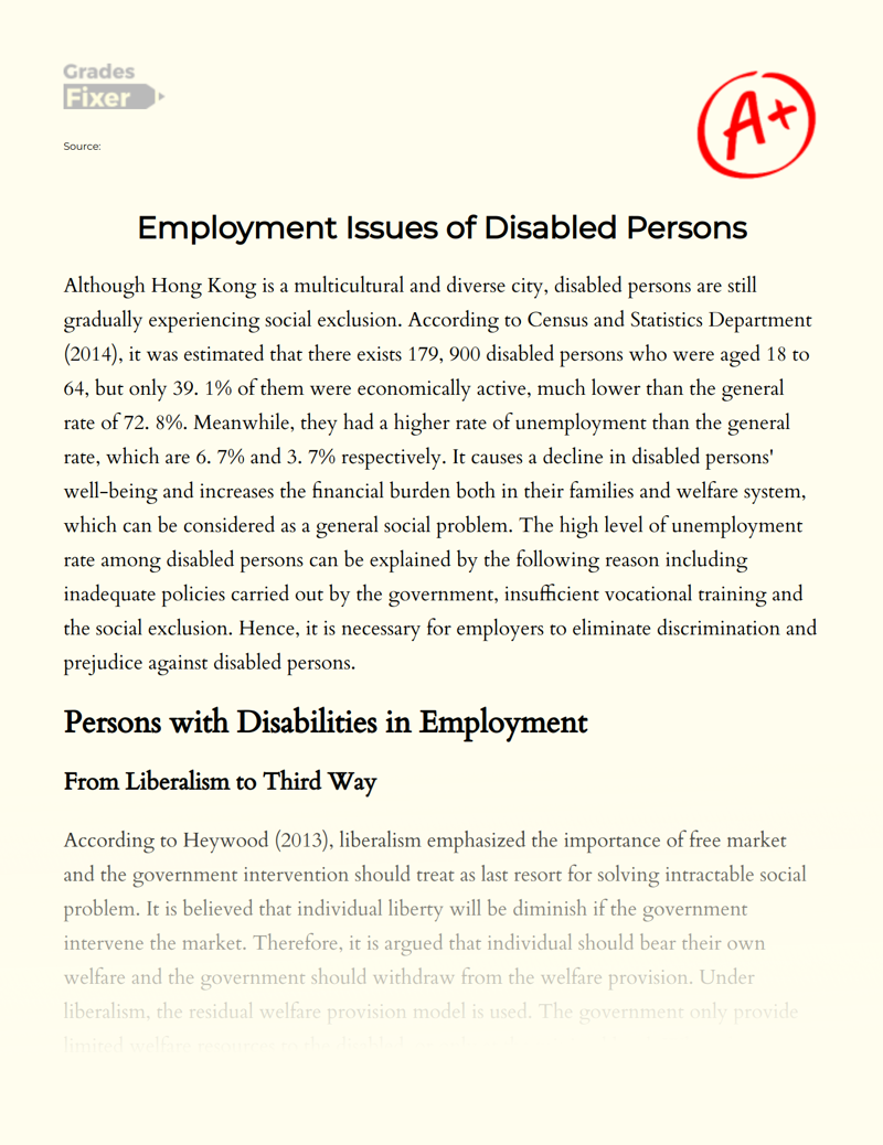 Employment Issues of Disabled Persons Essay