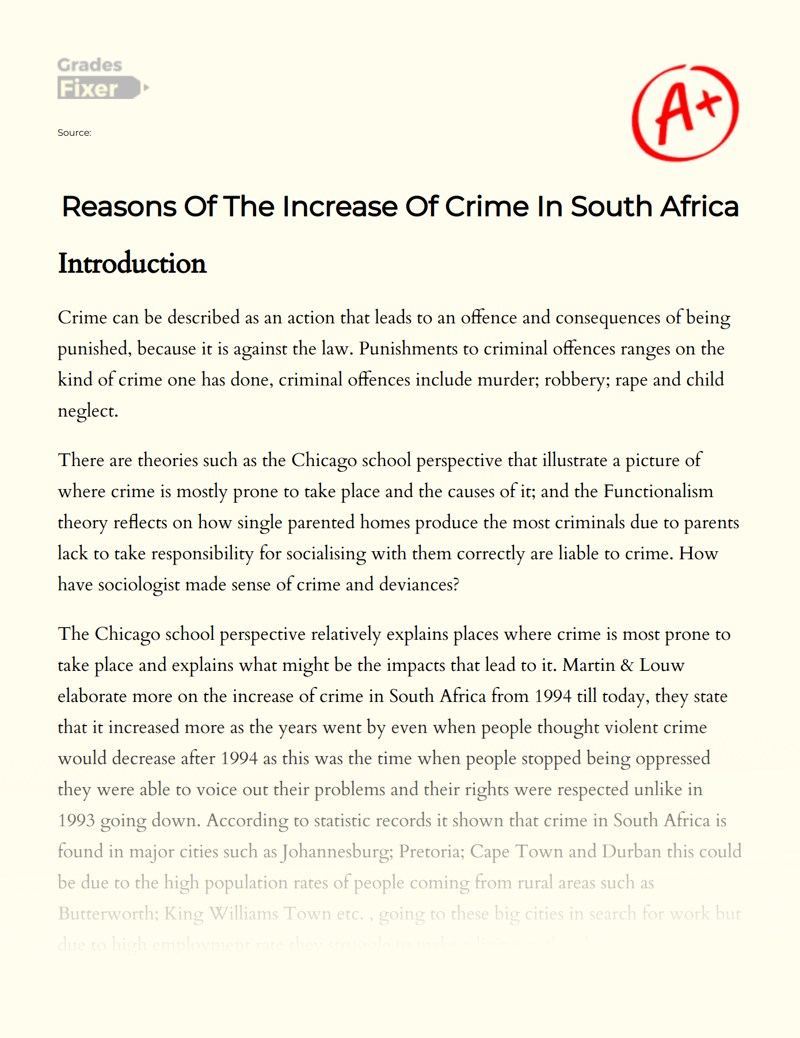 Reasons of The Increase of Crime in South Africa Essay