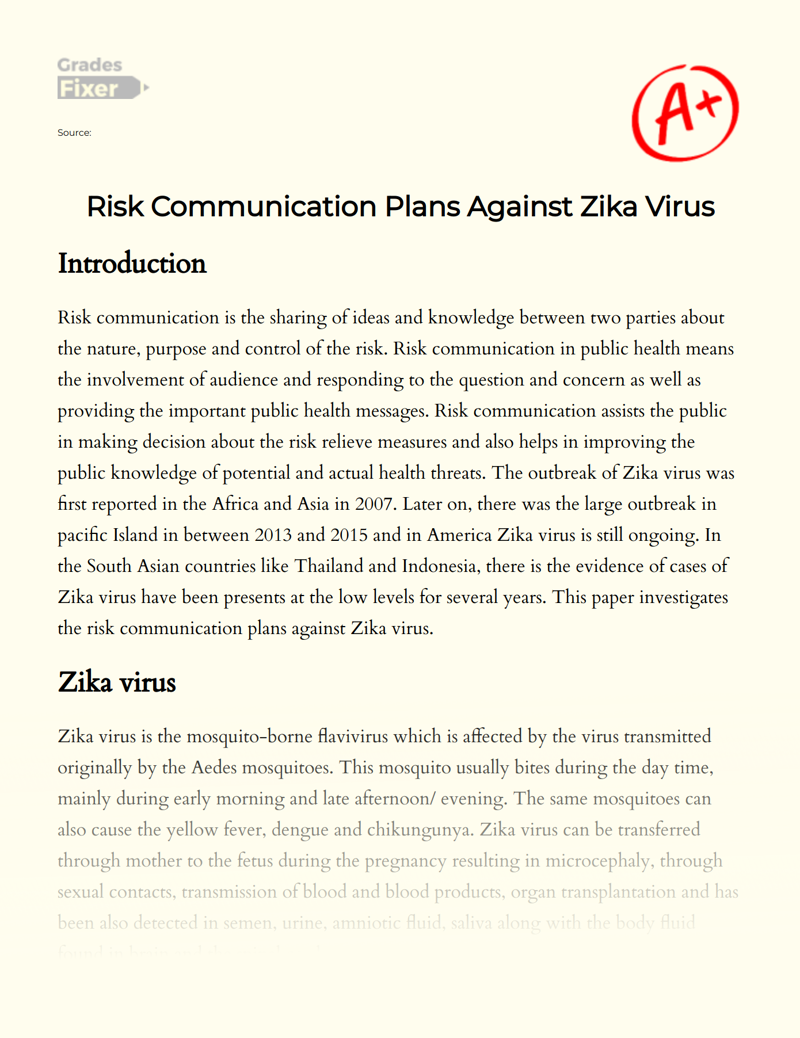The Importance of Risk Communication Plans During Zika Virus Outbreak Essay