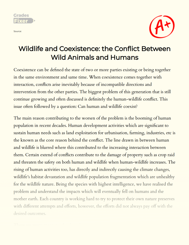 Wildlife and Coexistence: the Conflict Between Wild Animals and Humans: [ Essay Example], 1845 words GradesFixer