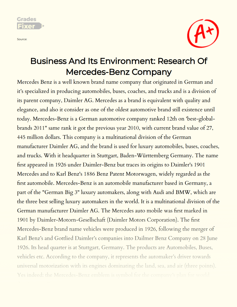 Business and Its Environment: Research of Mercedes-benz Company Essay