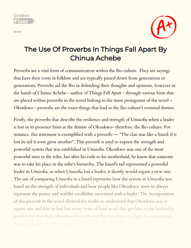 The Use of Proverbs in Things Fall Apart by Chinua Achebe Essay