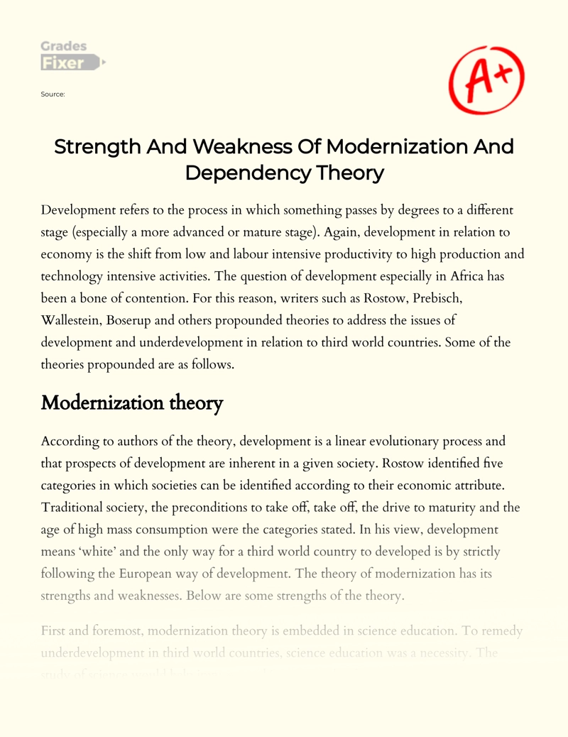 Strength and Weakness of Modernization and Dependency Theory essay
