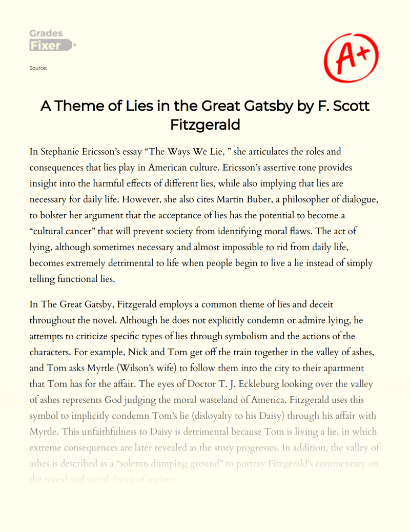 A Theme of Lies in The Great Gatsby by F. Scott Fitzgerald Essay