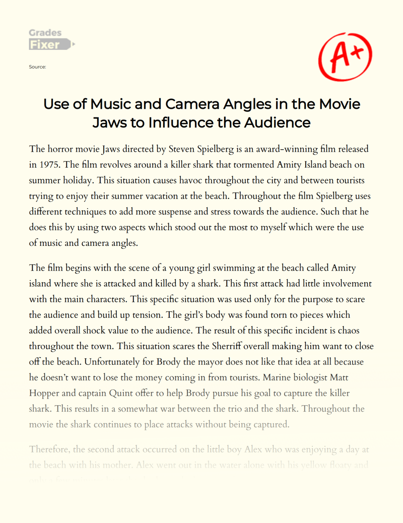 Use of Music and Camera Angles in The Movie Jaws to Influence The Audience Essay
