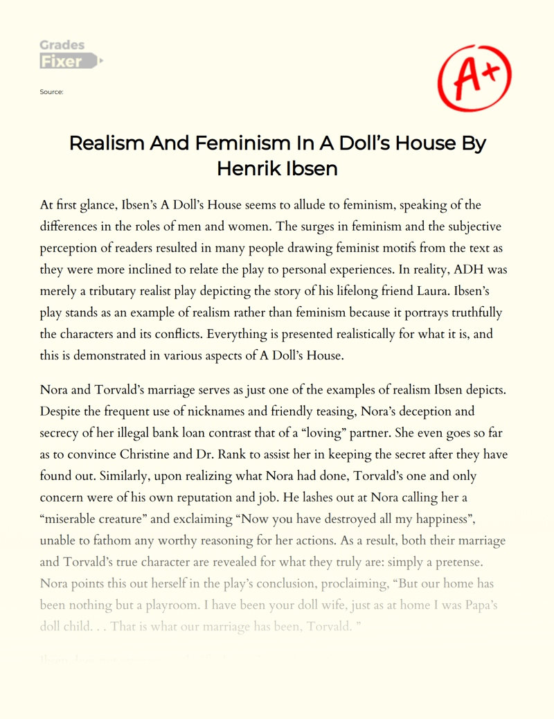 Realism and Feminism in a Doll’s House by Henrik Ibsen Essay