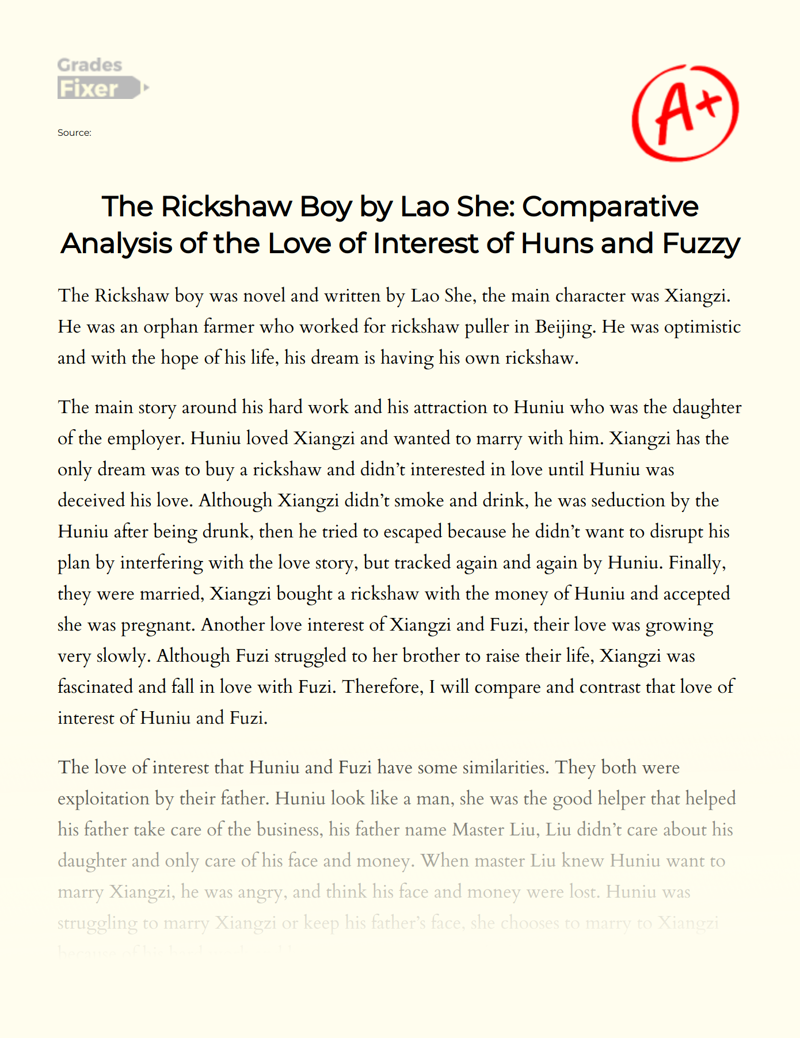 The Rickshaw Boy by Lao She: Comparative Analysis of The Love of Interest of Huns and Fuzzy Essay
