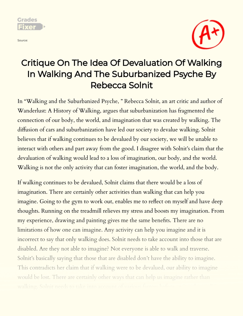 Devaluation of Walking in Rebecca Solnit's "Walking and The Suburbanized Psyche" Essay