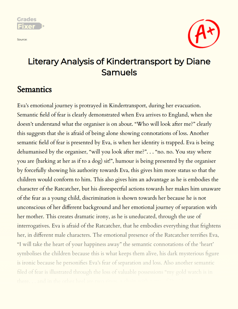 Literary Analysis of Kindertransport by Diane Samuels Essay