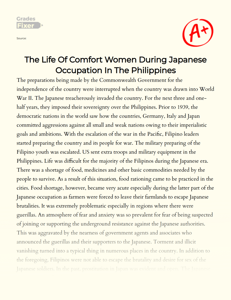 The Life of Comfort Women During Japanese Occupation in The Philippines Essay