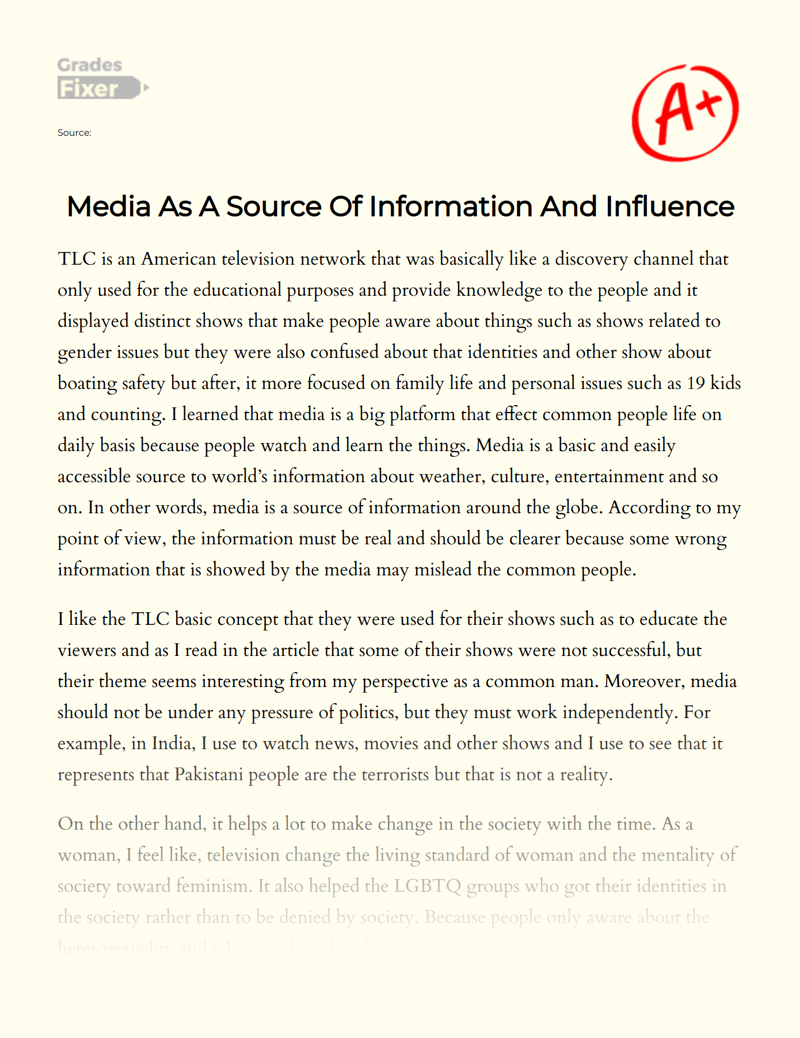 Media as a Source of Information and Influence Essay