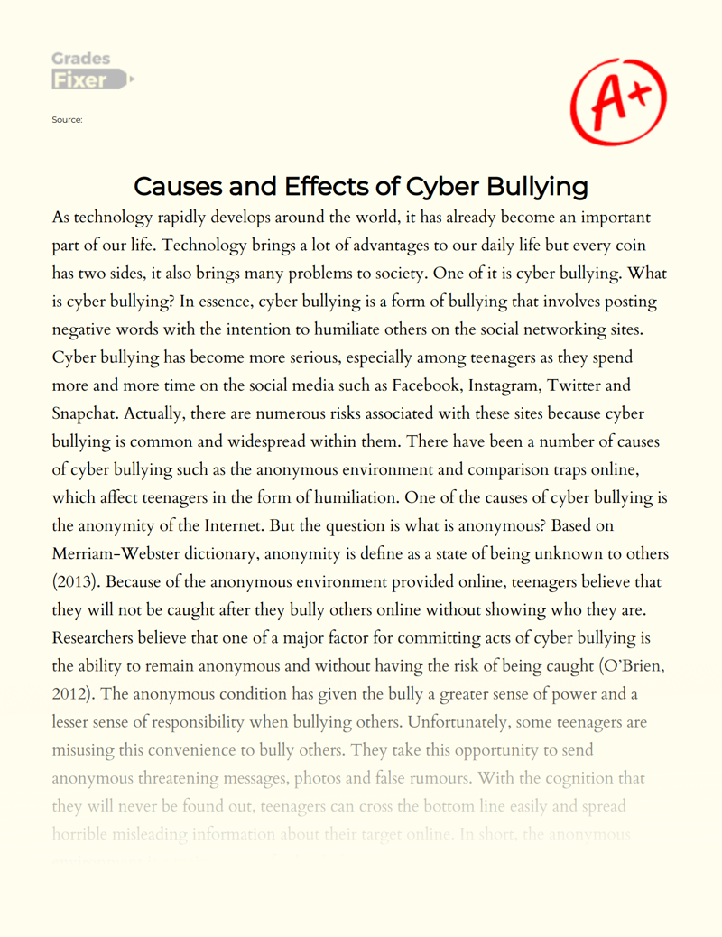 Cause and Effect of Cyber Bullying Essay