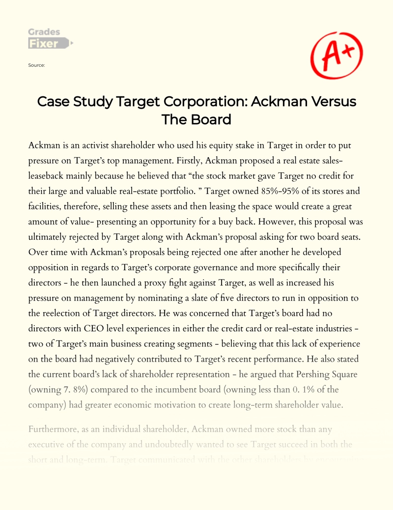 Case Study Target Corporation: Ackman Versus The Board Essay